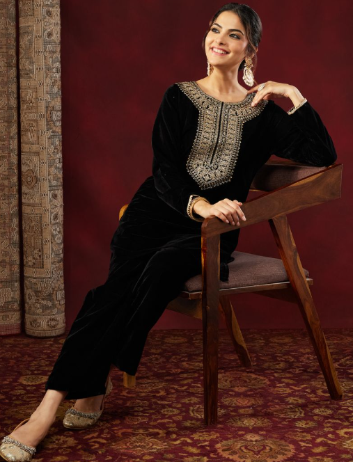 Black Velvet Embroidered Co-Ord Set with Straight Pants