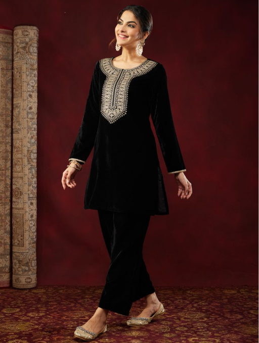 Black Velvet Embroidered Co-Ord Set with Straight Pants