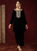 Black Velvet Embroidered Co-Ord Set with Straight Pants