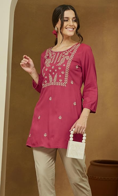 Women's Magenta Pink Rayon Embroidered Straight Fit Short Kurti – Elegant Ethnic Wear