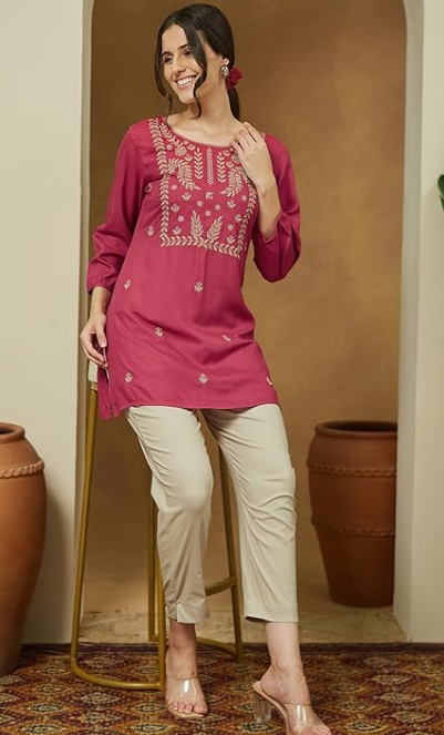 Women's Magenta Pink Rayon Embroidered Straight Fit Short Kurti – Elegant Ethnic Wear
