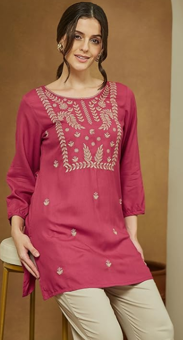 Women's Magenta Pink Rayon Embroidered Straight Fit Short Kurti – Elegant Ethnic Wear