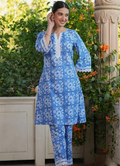Women's Blue Floral Printed Pure Cotton Straight Fit Co-ord Set