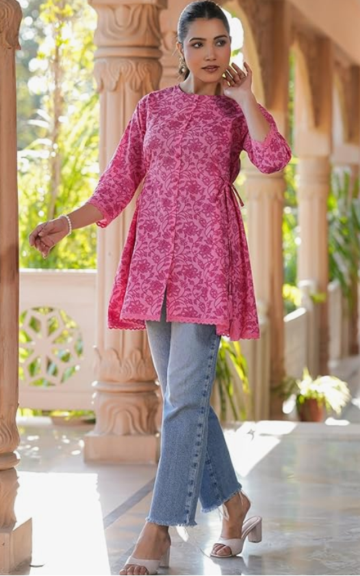 Pink Pure Cotton Floral Printed A-line Tunic