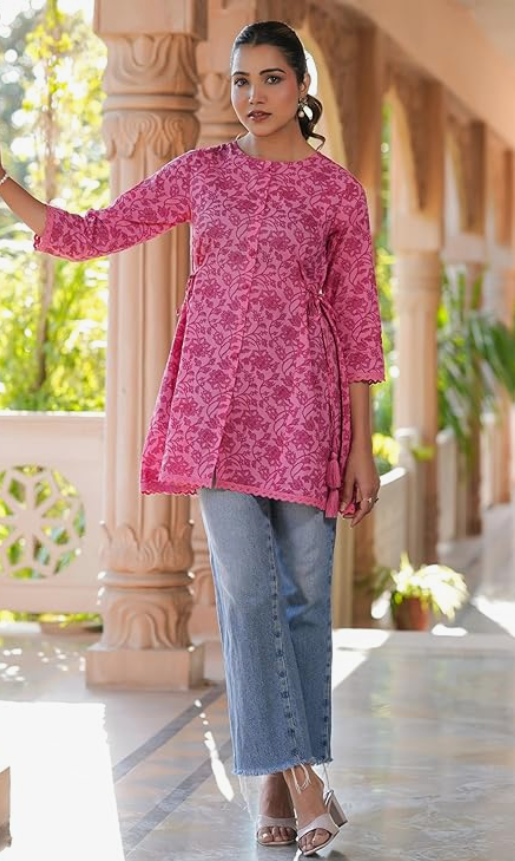Pink Pure Cotton Floral Printed A-line Tunic